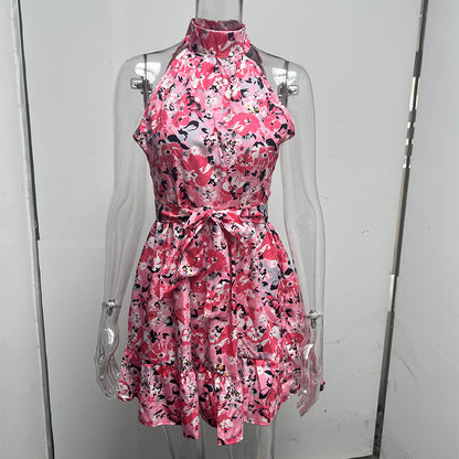 New Flowers Print Halterneck Dress Summer Fashion Temperament Lace-up Ruffled Dresses For Women