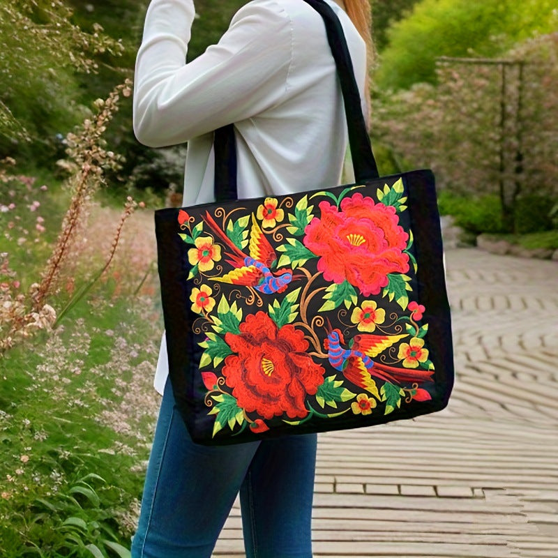 Ethnic Style Embroidered Shoulder Bag Large Capacity Portable Shopping Bag