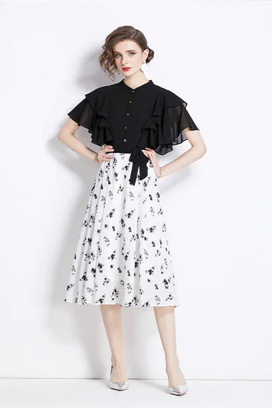 Black Floral Print A- Line Midi Dress