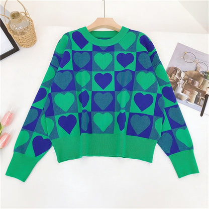 Heart Print Long Sleeve Loose Fit Sweater