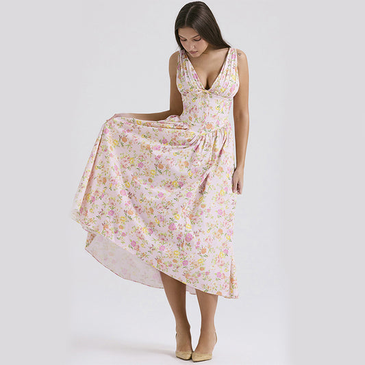 Floral Print V-neck Swing Dresses With Pockets