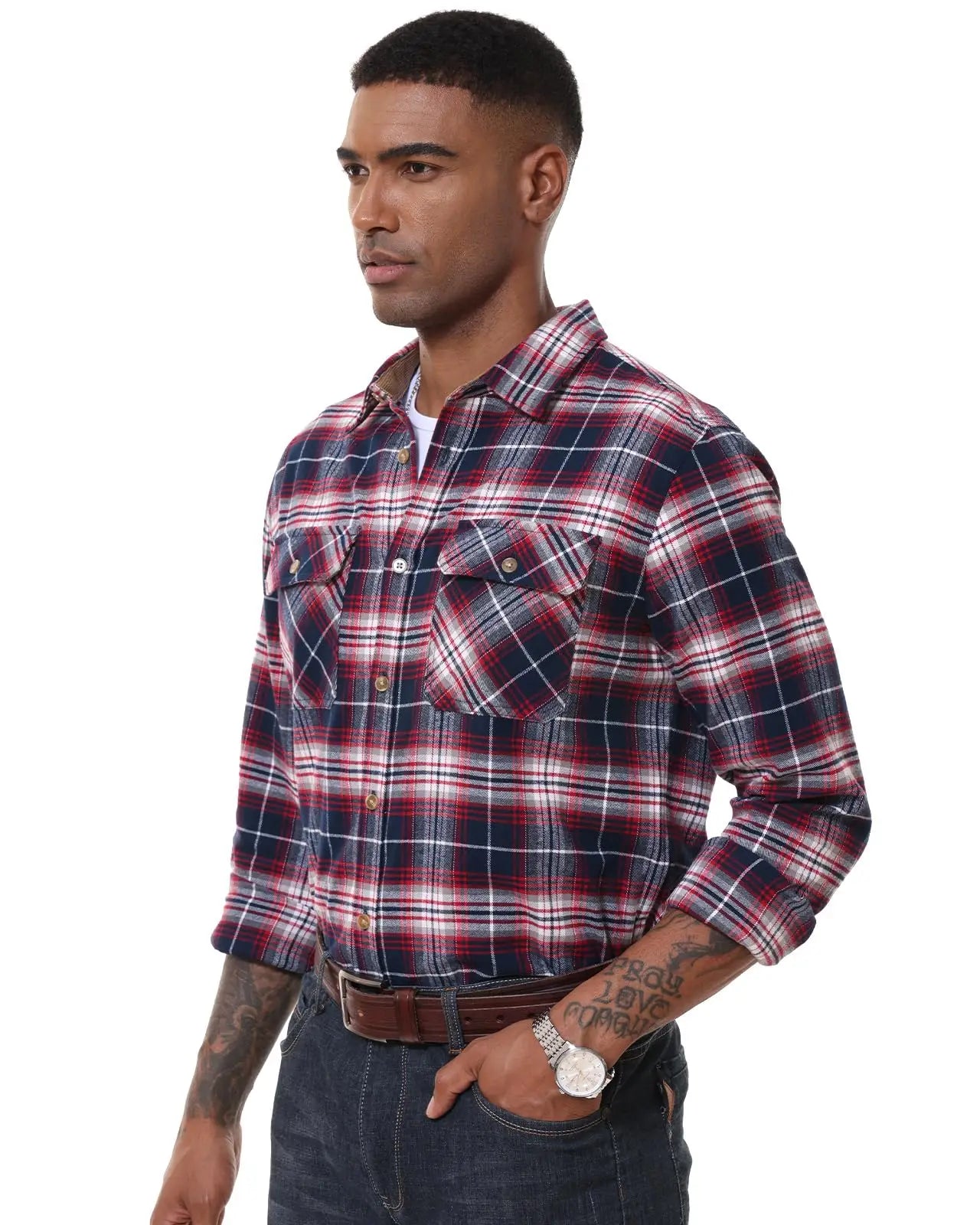 Man wearing a red and blue plaid shirt on a white background