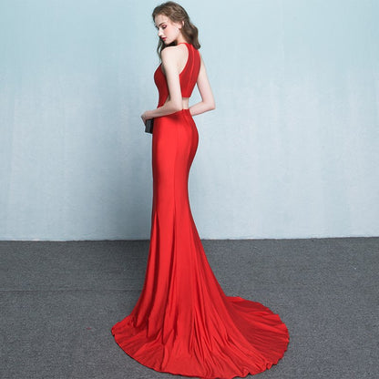 Bride toast clothing new fashion long red fishtail hanging neck wedding banquet evening dress