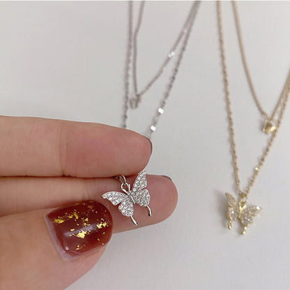 Fashion Jewelry Elegant Silver Color Shiny Butterfly Necklaces Ladies Exquisite Double Layer Clavicle Chain Necklace Jewelry Gift