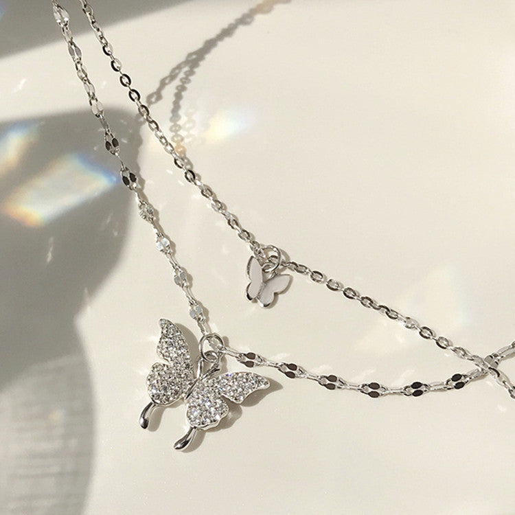 Fashion Jewelry Elegant Silver Color Shiny Butterfly Necklaces Ladies Exquisite Double Layer Clavicle Chain Necklace Jewelry Gift