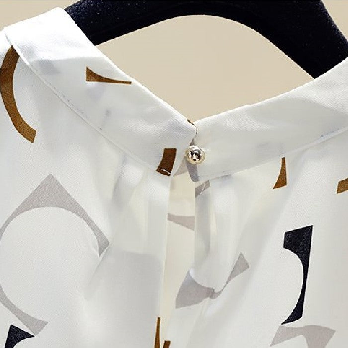 White Bottoming Printed Fashionable Long Sleeve Chiffon Shirt