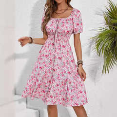 Pink Floral Square Neck Midi Dress