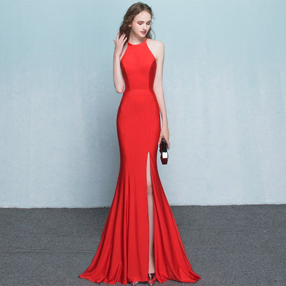 Bride toast clothing new fashion long red fishtail hanging neck wedding banquet evening dress