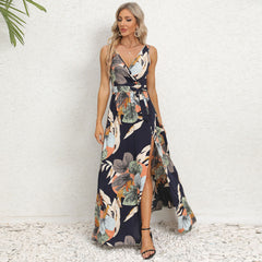 Elegant Floral Print Slit Long Maxi Dress