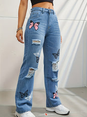 Butterfly Print Ripped Jeans