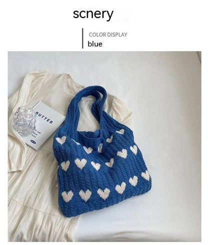 Fashion Large Capacity Heart-shaped Knitted Woven Shoulder Bag