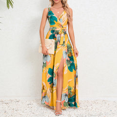 Elegant Floral Print Slit Long Maxi Dress