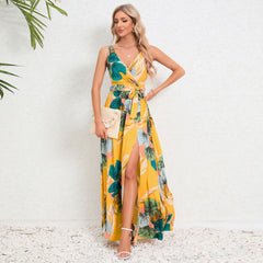 Elegant Floral Print Slit Long Maxi Dress