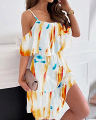 Flower Printed Ruffled Suspender Dress