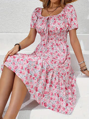 Pink Floral Square Neck Midi Dress