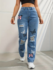 Butterfly Print Ripped Jeans