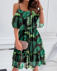 Flower Printed Ruffled Suspender Dress