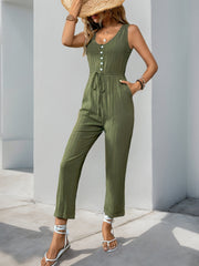 Women's  Sleeveless Jumpsuit With Belt And Pockets