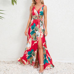 Elegant Floral Print Slit Long Maxi Dress