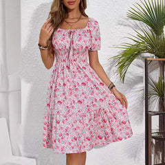 Pink Floral Square Neck Midi Dress