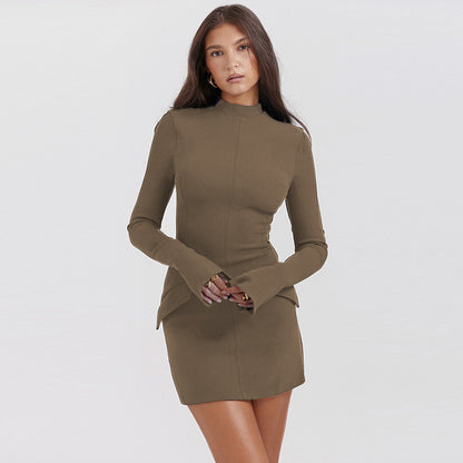 Fashion Long Sleeve Dress With Two Pockets Slim Bodycon Hip Short Dress For Women