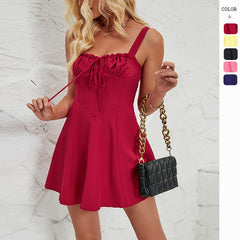 Summer Sleeveless Solid Color A-line Dress Lace-up Suspender Mini Skirt For Womens Clothing