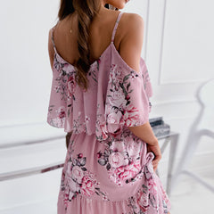 Flower Printed Ruffled Suspender Dress