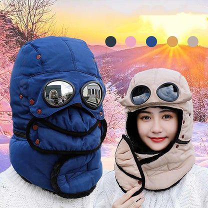 Winter Fleece Cap for Hiking Skiing Windproof Outdoor Sports Hat Fluff Thermal Trapper Hat with Goggles