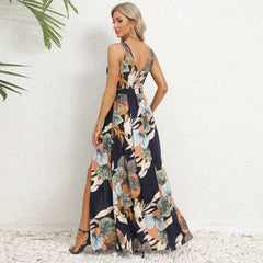 Elegant Floral Print Slit Long Maxi Dress