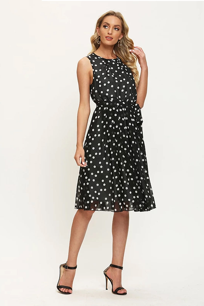 Black Dot Print Sleeveless Dress