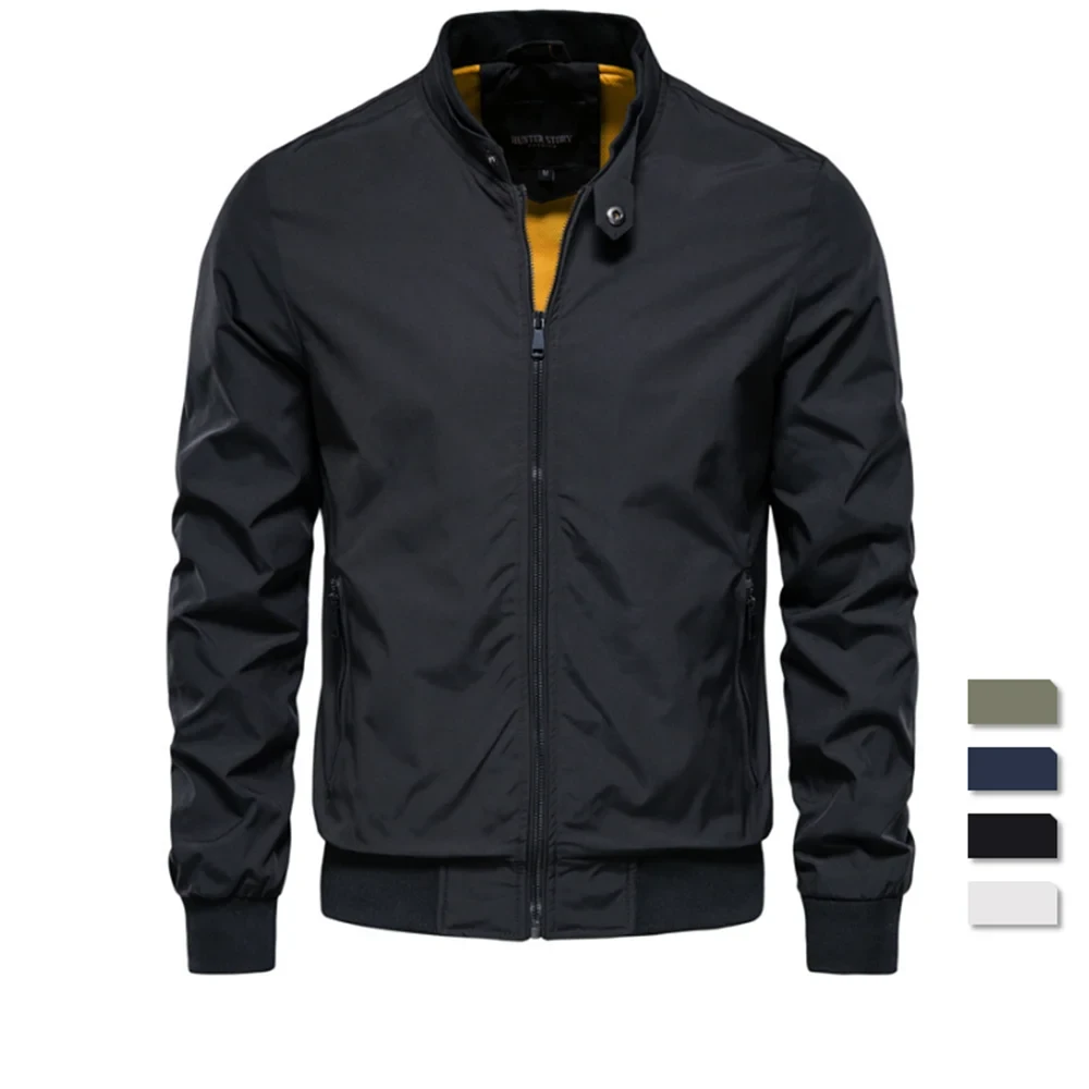 Men's winter bomber jacket in black color with a stand-up collar, zip closure, and ribbed cuffs. The image shows the jacket in black as well as links to other color options.