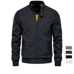 Men's winter bomber jacket in black color with a stand-up collar, zip closure, and ribbed cuffs. The image shows the jacket in black as well as links to other color options.