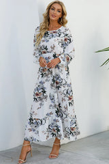 Floral Print O-Neck Chiffon Maxi Dress