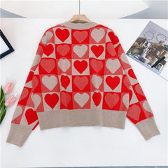 Heart Print Long Sleeve Loose Fit Sweater