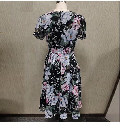 Black Floral Print V-Neck A-Line Dress