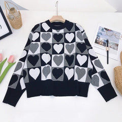 Heart Print Long Sleeve Loose Fit Sweater