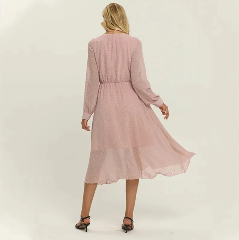 Women o-neck long sleeve pink midi dress