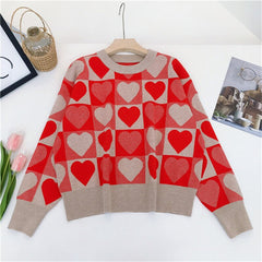 Heart Print Long Sleeve Loose Fit Sweater