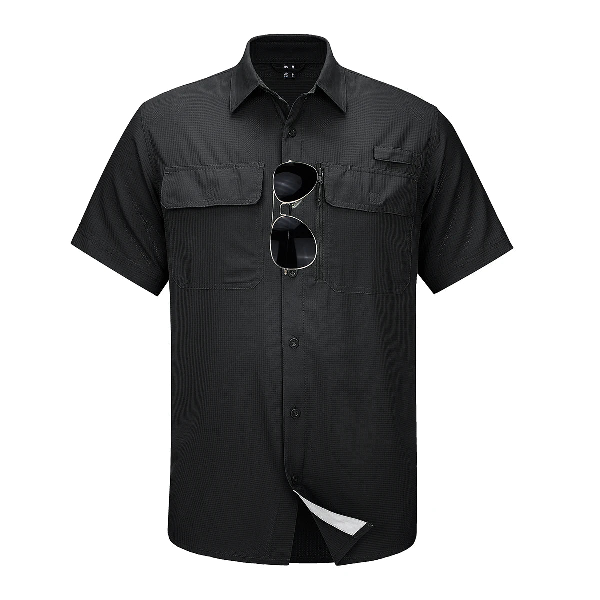 Black short-sleeve shirt with sunglasses on a white background
