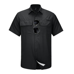 Black short-sleeve shirt with sunglasses on a white background