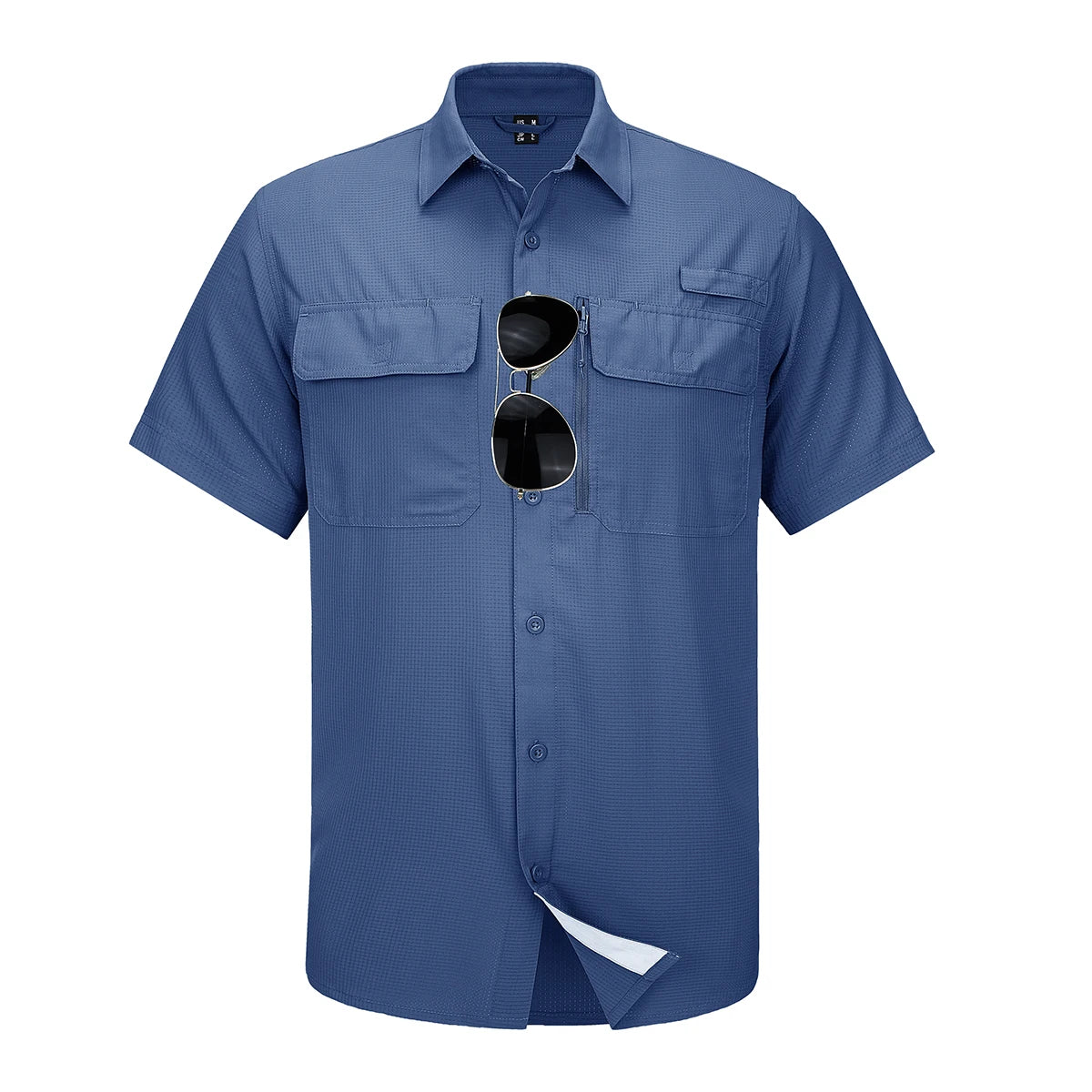 Blue short-sleeve shirt with sunglasses on a white background