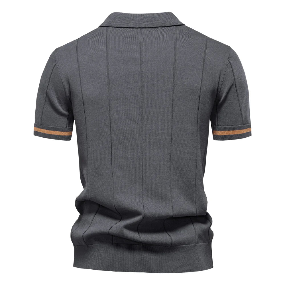 Gray polo shirt with brown trim on a white background