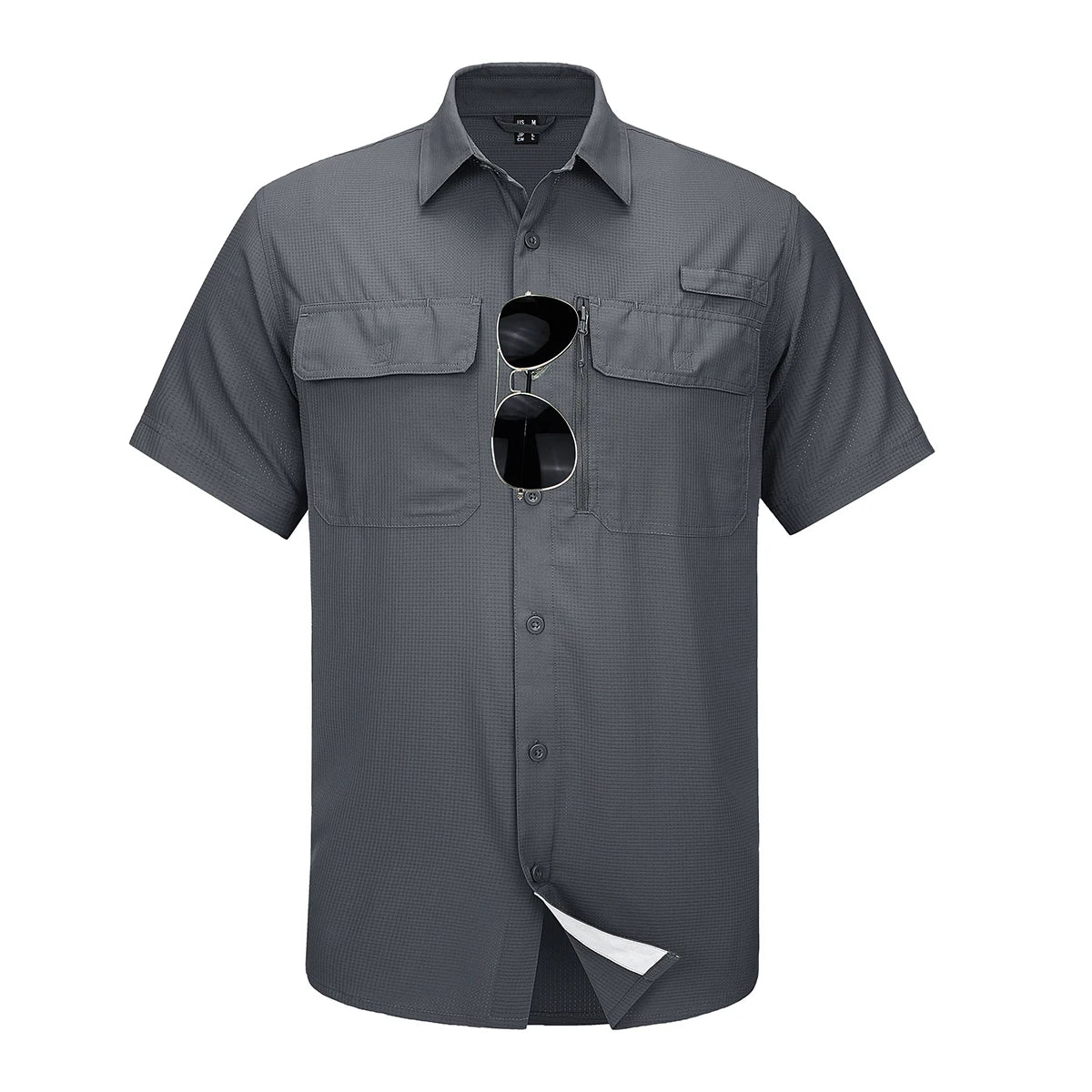 Gray short-sleeve shirt with sunglasses on a white background