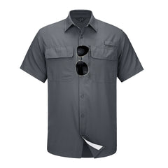 Gray short-sleeve shirt with sunglasses on a white background
