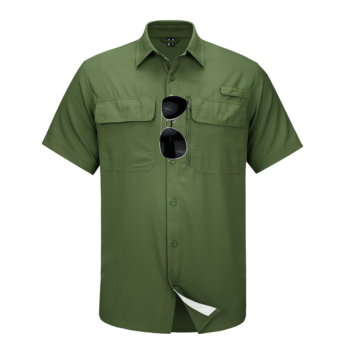 Green short-sleeve shirt with sunglasses in the pocket on a white background