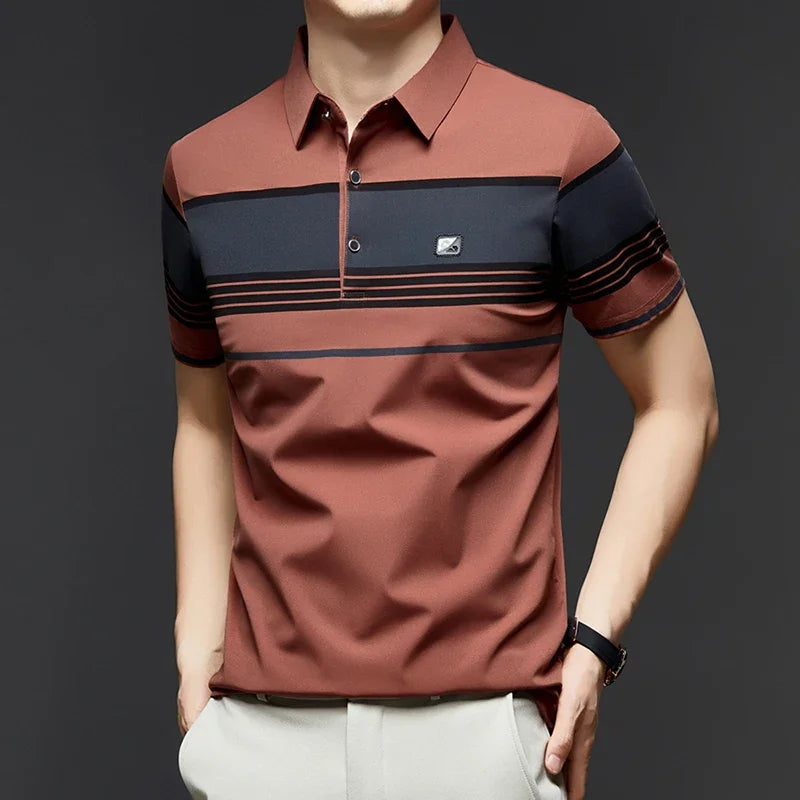 Brown and navy striped polo shirt worn by a person on a dark background