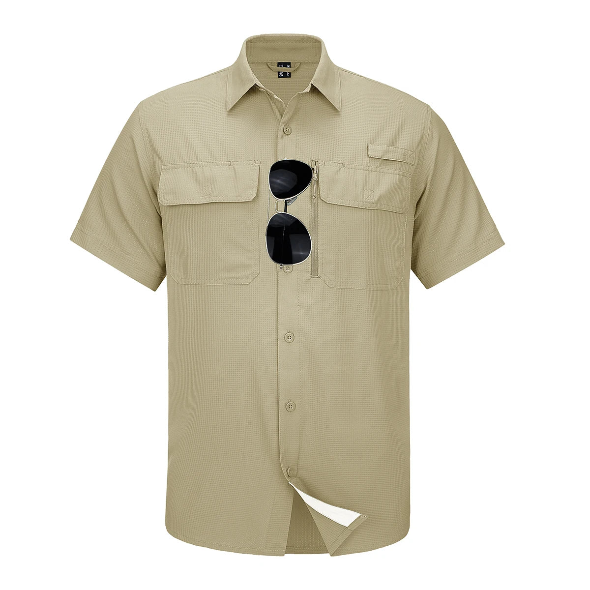 Beige short-sleeve shirt with sunglasses on a white background