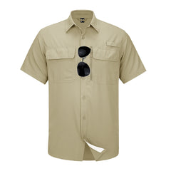 Beige short-sleeve shirt with sunglasses on a white background