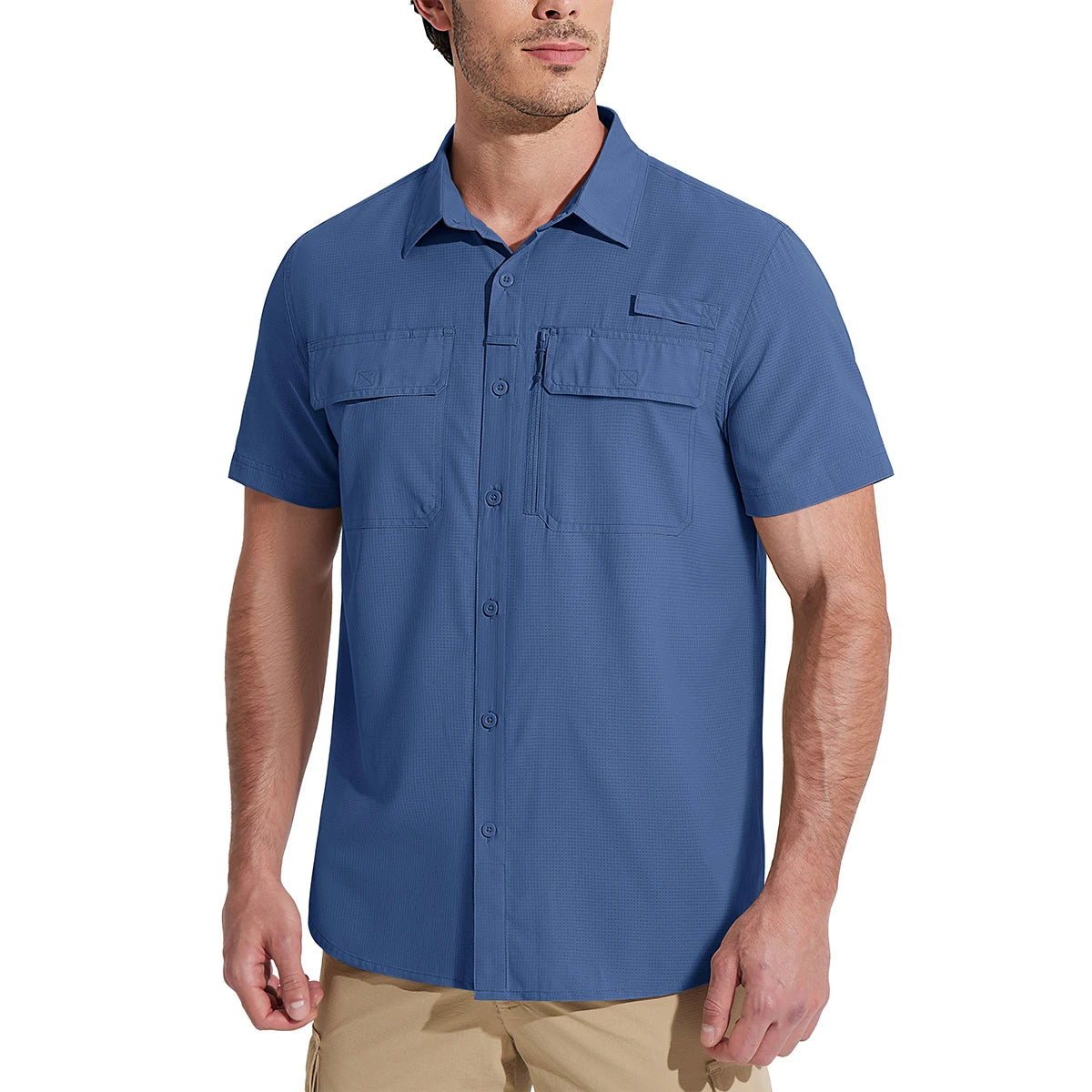 Man wearing a blue short-sleeve shirt on a white background