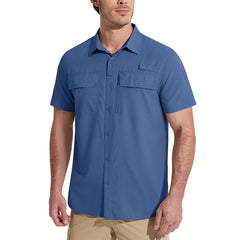 Man wearing a blue short-sleeve shirt on a white background
